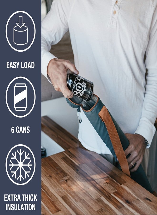 CleverMade 6 Can Cooler Sling - Premium Insulated 6 Pack Cooler Tube with Adjustable Shoulder Strap, Easy Access Can Opening, and Pocket - Ocean/Cognac - Image 3