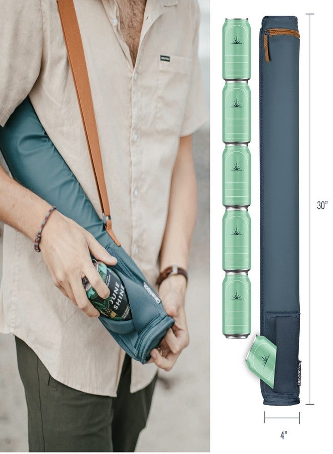 CleverMade 6 Can Cooler Sling - Premium Insulated 6 Pack Cooler Tube with Adjustable Shoulder Strap, Easy Access Can Opening, and Pocket - Ocean/Cognac - Image 2