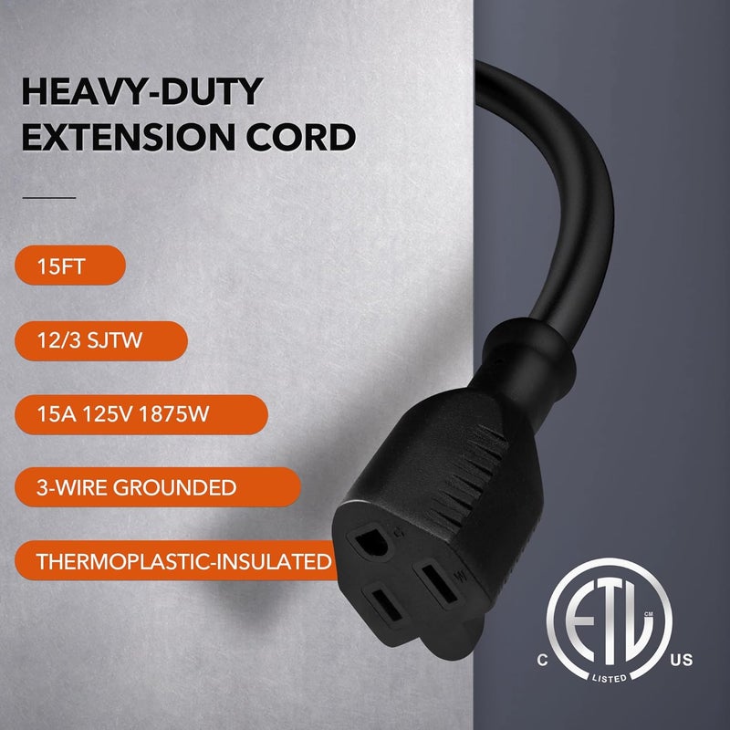 BN-LINK 15ft Outdoor Extension Cord, 15amps,12/3 SJTW Heavy Duty Power Cord, 3-Prong Grounded Plug, Weather Resistant, 1875W, Black, for Lawn, Garden, Appliances, ETL Listed - Image 2