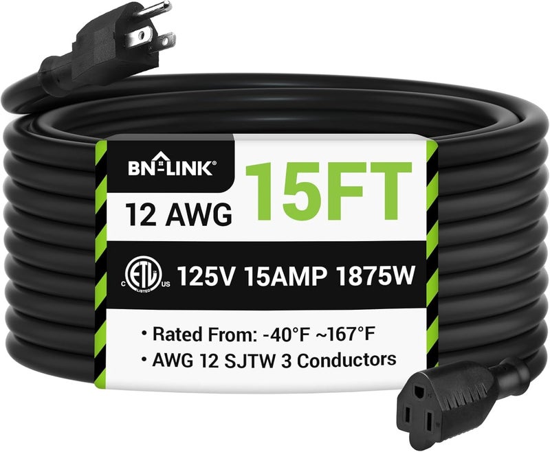 BN-LINK 15ft Outdoor Extension Cord, 15amps,12/3 SJTW Heavy Duty Power Cord, 3-Prong Grounded Plug, Weather Resistant, 1875W, Black, for Lawn, Garden, Appliances, ETL Listed - Image 1