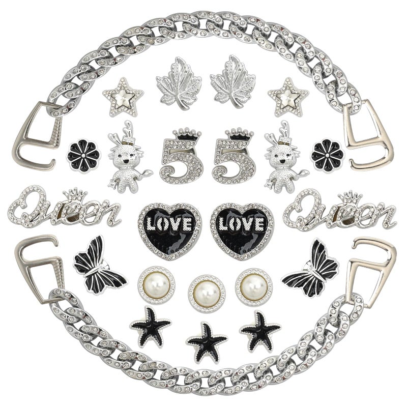 Lugailly Bling Shoe Charms for Women & Girls - 24PCS Designer Silver & Rhinestone Decorations | Clog Charms, Butterfly, Queen Crown Motifs for Shoes - Lightweight Shoe Jewelry Gifts (Party Favors) - Image 1