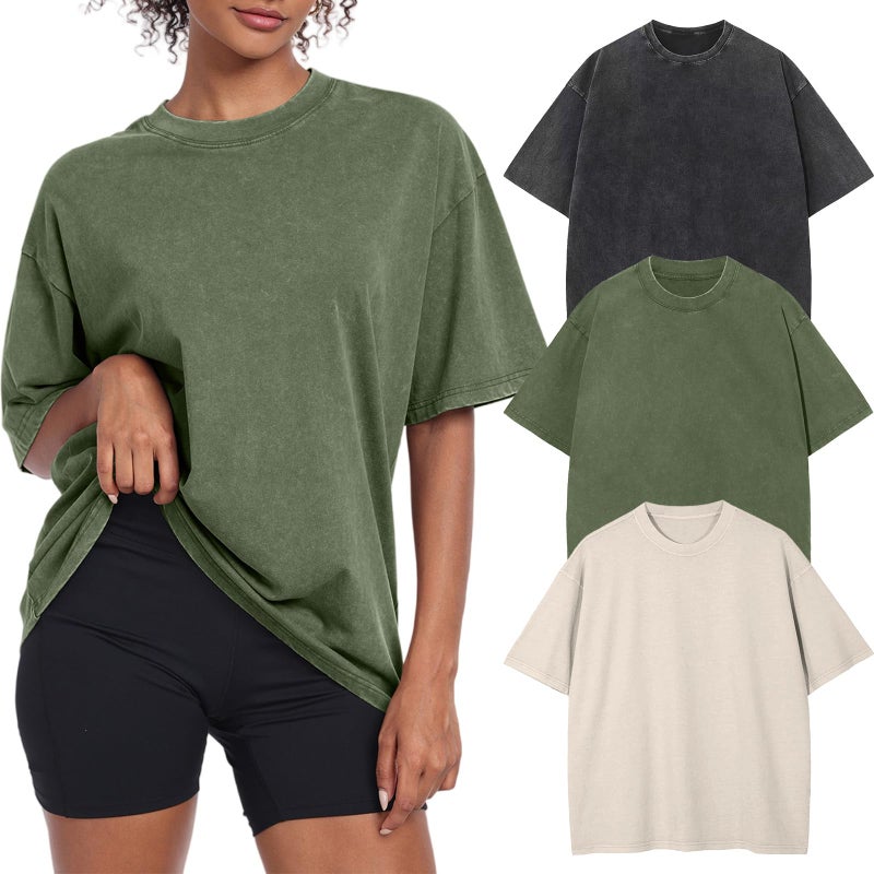 KEEPSHOWING Womens Vintage Oversized T Shirts Acid Washed Baggy Cotton Tee Casual Workout Boyfriend Short Sleeve Tops(Black/ArmyGreen/Beige M) - Image 1
