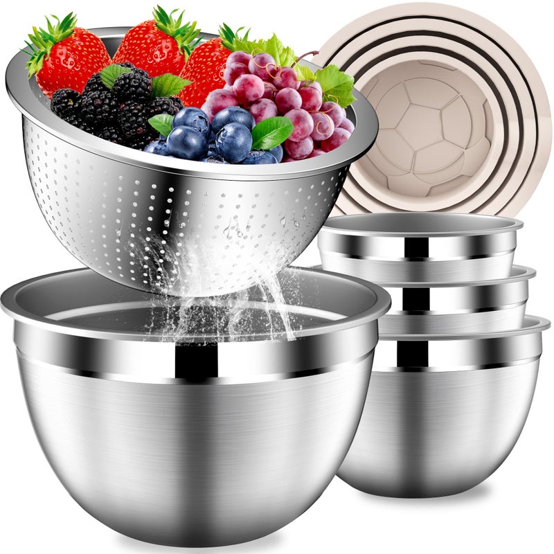 DUTZUN Mixing Bowls with Lids Set, Stainless Steel Nesting Bowls with 3.2 QT Colander, Kitchen Bowls with Strainer, Non-Slip Bottoms, Size 4, 2.5, 2, 1.5QT - Beige - Image 1