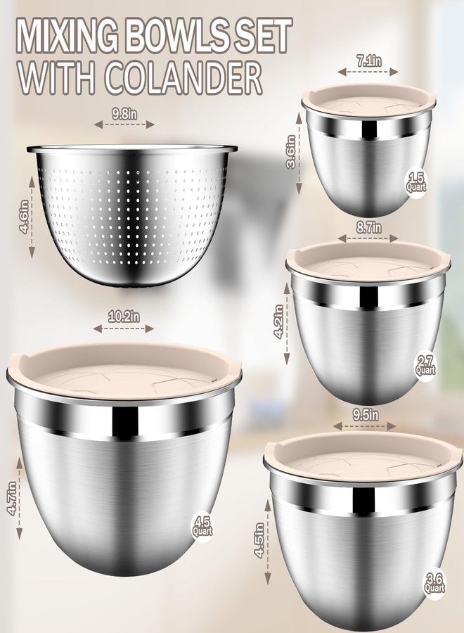 DUTZUN Mixing Bowls with Lids Set, Stainless Steel Nesting Bowls with 3.2 QT Colander, Kitchen Bowls with Strainer, Non-Slip Bottoms, Size 4, 2.5, 2, 1.5QT - Beige - Image 2