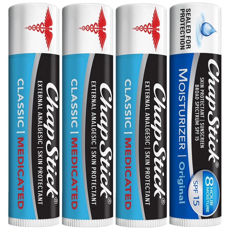 ChapStick Dry Lips & Cold Sore Pain Relief Bundle â€“ Classic Medicated ChapStick 3-Pack + Original Moisturizer Lip Balm with SPF 15, 0.15 Oz Ea (4 Piece Set) - Image 1