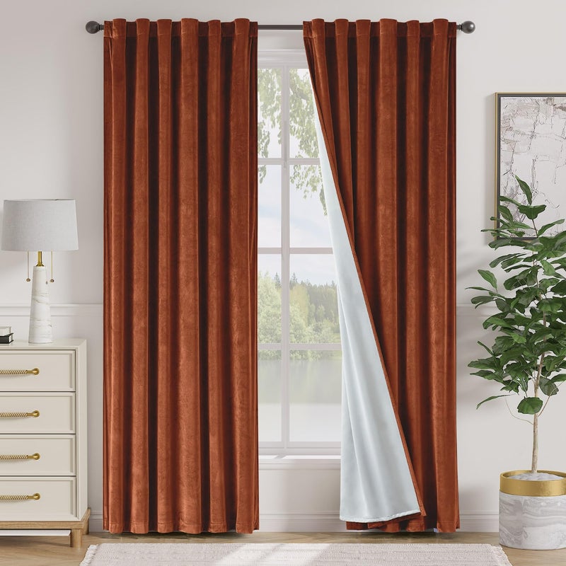 Lazzzy Burnt Orange Velvet Blackout Curtains 90 Inches Long Thermal Insulated Room Darkening Curtain Drapes Luxury Back Tab Window Treatments for Bedroom Living Room 2 Panels, 52 x 90 Inch, Caramel - Image 1