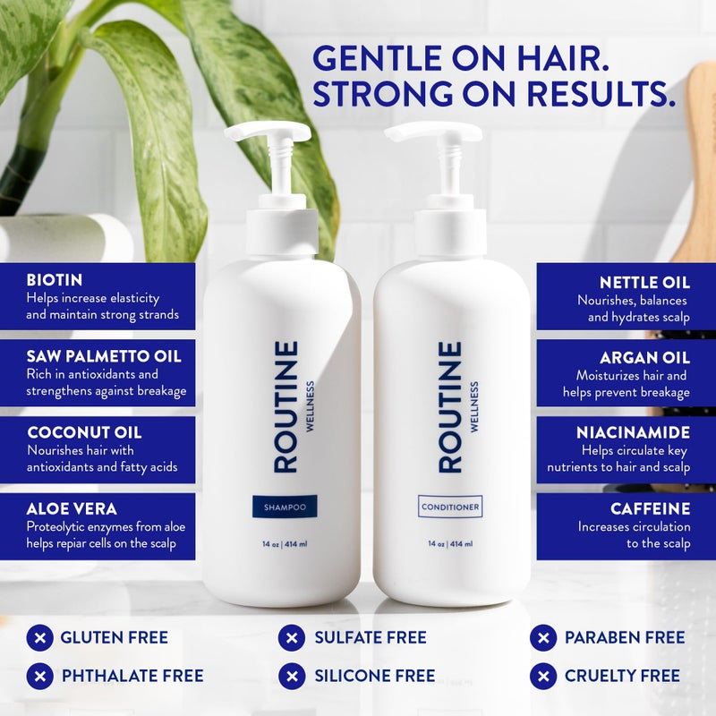 Routine Wellness Shampoo and Conditioner Set and Hair Serum for Thinning Hair - DHT Blocker Women & Men - Color Safe Shampoo for Hair Loss & Healthier Hair - Coconut & Vanilla Set + Serum - Image 4