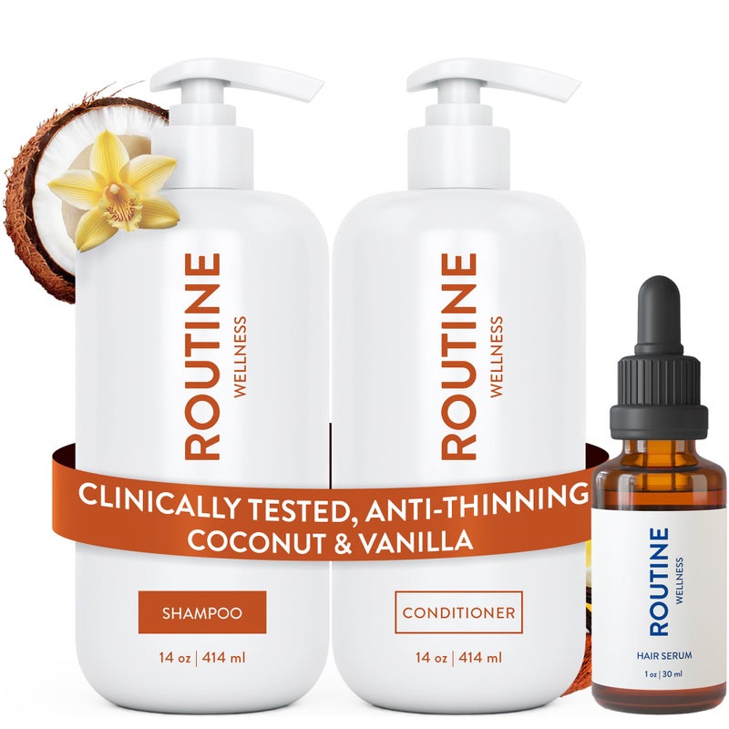 Routine Wellness Shampoo and Conditioner Set and Hair Serum for Thinning Hair - DHT Blocker Women & Men - Color Safe Shampoo for Hair Loss & Healthier Hair - Coconut & Vanilla Set + Serum - Image 1