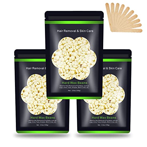 Auperwel Wax Beads for Hair Removal 10.5oz (300g), Auperwel Hard Wax Beads Beans for Sensitive Skin Brazilian Waxing, Face, Bikini, Eyebrow, Legs, Painless for Women Men, 3 packs Kit with 10 Sticks - Image 1