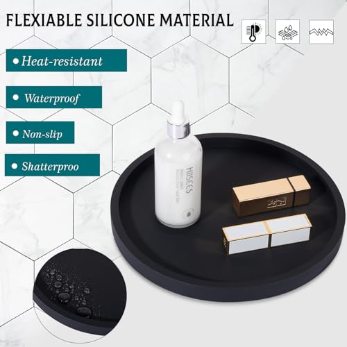 Heagoale Silicone Bathroom Tray Round Vanity Tray Decorative Soap Holder Kitchen Countertop Organizer Coffee Table Decor for Candle, Perfume, Plant, 9 Inch, Black - Image 4