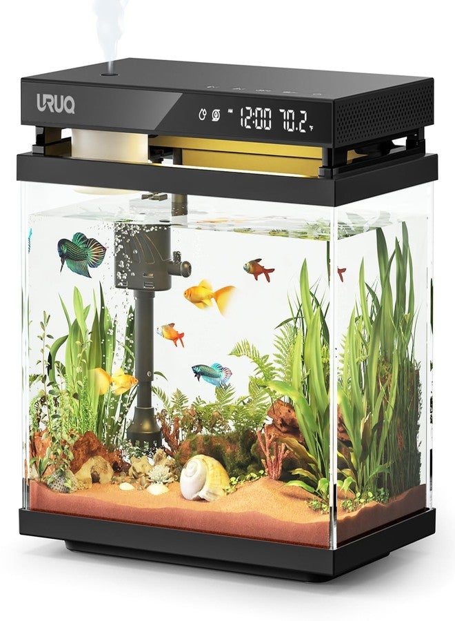 URUQ Fish Tank Smart Aquarium Kit: 2 Gal UHD Glass Silent Water Pump Self Cleaning System Temperature Monitoring Essential Oil Diffuser with Humidifier 7 Color Lights Multi-Layer Filtration System - Black - Image 1