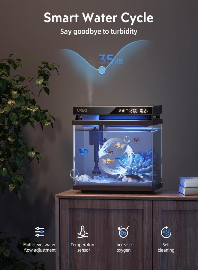 URUQ Fish Tank Smart Aquarium Kit: 2 Gal UHD Glass Silent Water Pump Self Cleaning System Temperature Monitoring Essential Oil Diffuser with Humidifier 7 Color Lights Multi-Layer Filtration System - Black - Image 3