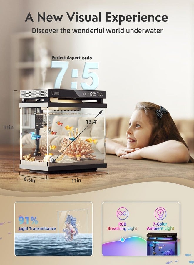 URUQ Fish Tank Smart Aquarium Kit: 2 Gal UHD Glass Silent Water Pump Self Cleaning System Temperature Monitoring Essential Oil Diffuser with Humidifier 7 Color Lights Multi-Layer Filtration System - Black - Image 4