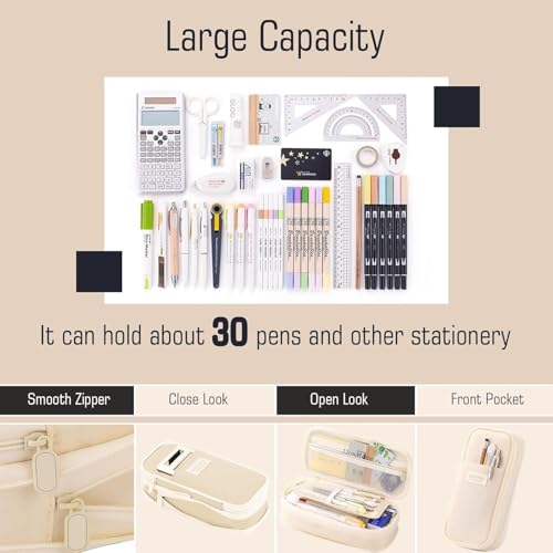 Hexwell Large Capacity Pencil Pouch Cute Korean Aesthetic Pen Case for Girls, Boys, Kids, Women - Big Zipper Stationery Organizer for School, College, Office & Return Gifts (Beige) - Image 4