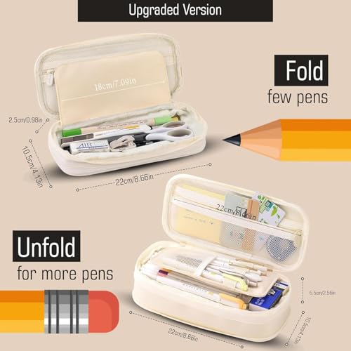 Hexwell Large Capacity Pencil Pouch Cute Korean Aesthetic Pen Case for Girls, Boys, Kids, Women - Big Zipper Stationery Organizer for School, College, Office & Return Gifts (Beige) - Image 2
