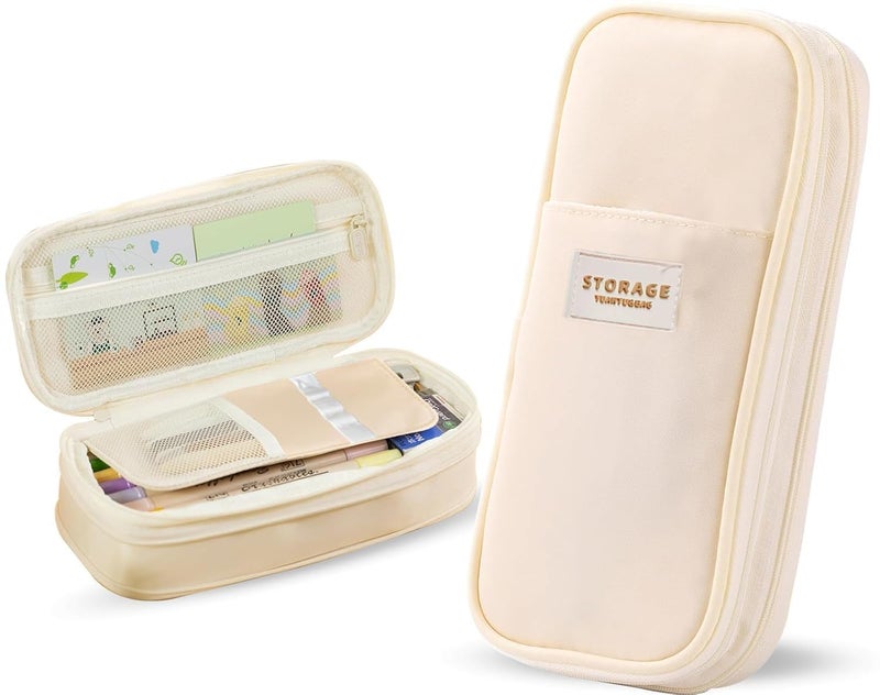 Hexwell Large Capacity Pencil Pouch Cute Korean Aesthetic Pen Case for Girls, Boys, Kids, Women - Big Zipper Stationery Organizer for School, College, Office & Return Gifts (Beige) - Image 5