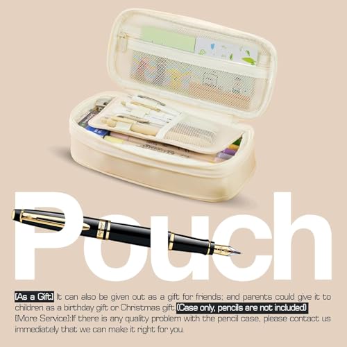 Hexwell Large Capacity Pencil Pouch Cute Korean Aesthetic Pen Case for Girls, Boys, Kids, Women - Big Zipper Stationery Organizer for School, College, Office & Return Gifts (Beige) - Image 3
