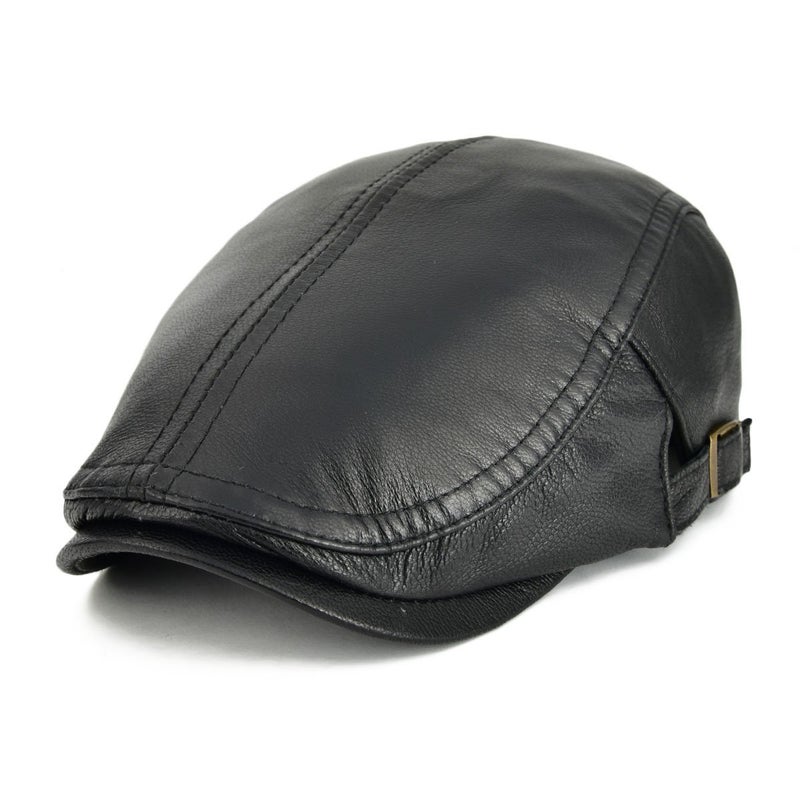 VOBOOM Men Women Adjustable Genuine Leather Ivy Cap Newsboy Hat (Black) - Image 1