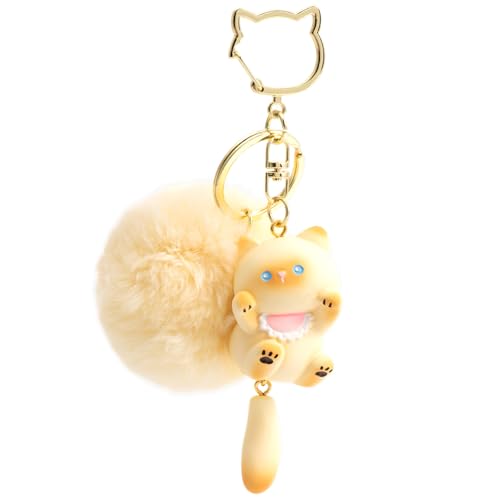 YILANFULL Kawaii Cat Keychain Cute Cat Bag Charm with Pom Pom Ball Adorable Backpack Keychains for GirlsBeige Cat - Image 1
