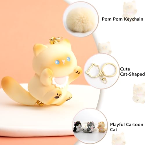 YILANFULL Kawaii Cat Keychain Cute Cat Bag Charm with Pom Pom Ball Adorable Backpack Keychains for GirlsBeige Cat - Image 3