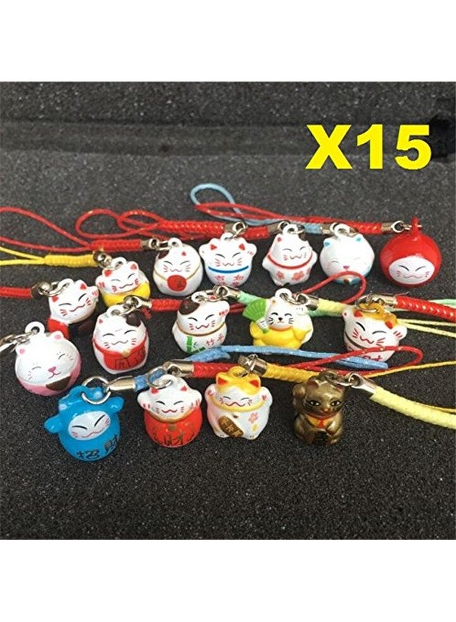 EatingBiting 15Pcs Random Maneki Neko Fortune Lucky Japanese Beckoning Cat Keyring Keychain Key Rings, Fengshui Fortune Lucky Cat Kitty Key Chains Wealth Health Fortune Rich Money Symbol 15 Pack - Image 4