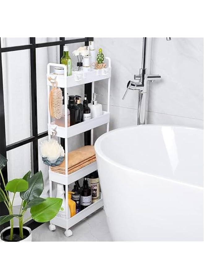 HOOKOR Rolling Storage Cart with Wheels,4 Tier Slim Rolling Storage Cart with 2 Hanging Cups, Mobile Shelving Unit，Bathroom Storage Organizer for Kitchen, Bedroom, Office,Laundry (White Narrow （4.9‘’）) - Image 2