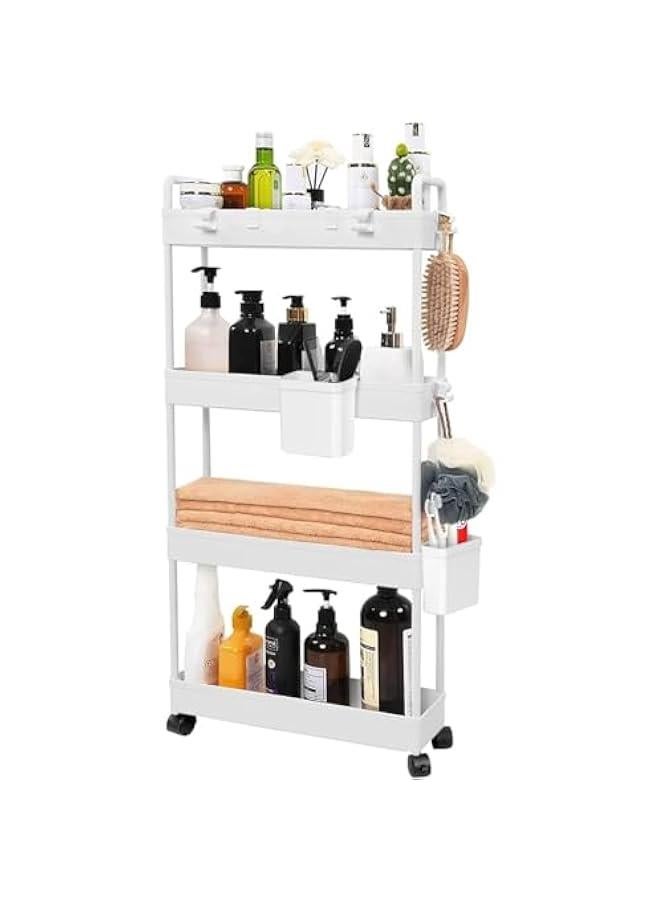 HOOKOR Rolling Storage Cart with Wheels,4 Tier Slim Rolling Storage Cart with 2 Hanging Cups, Mobile Shelving Unit，Bathroom Storage Organizer for Kitchen, Bedroom, Office,Laundry (White Narrow （4.9‘’）) - Image 1