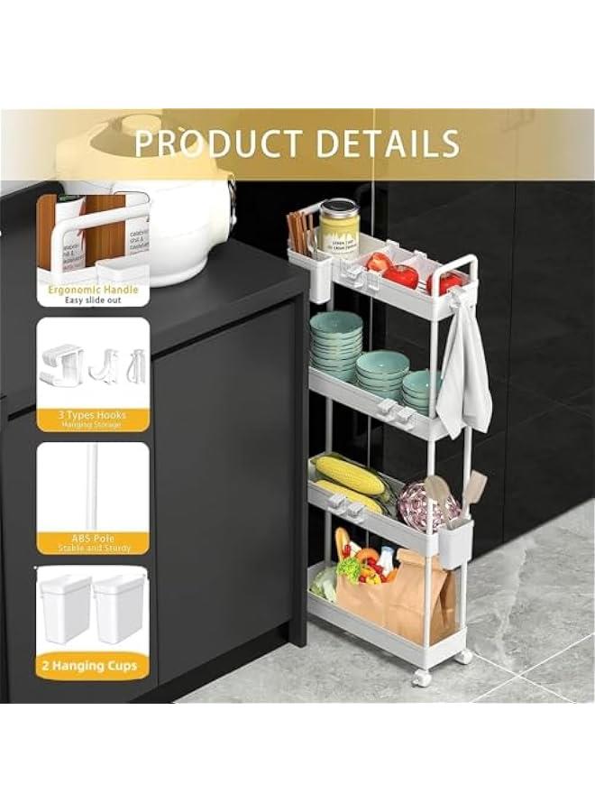 HOOKOR Rolling Storage Cart with Wheels,4 Tier Slim Rolling Storage Cart with 2 Hanging Cups, Mobile Shelving Unit，Bathroom Storage Organizer for Kitchen, Bedroom, Office,Laundry (White Narrow （4.9‘’）) - Image 4