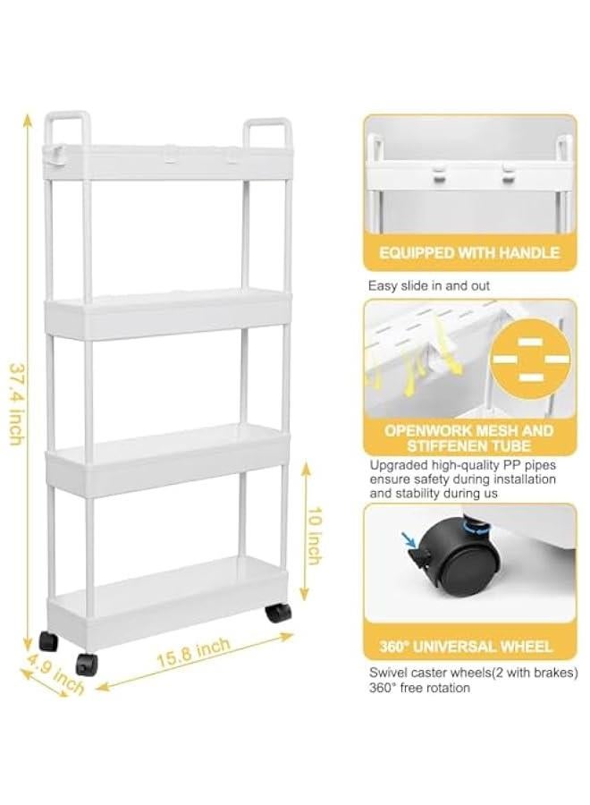 HOOKOR Rolling Storage Cart with Wheels,4 Tier Slim Rolling Storage Cart with 2 Hanging Cups, Mobile Shelving Unit，Bathroom Storage Organizer for Kitchen, Bedroom, Office,Laundry (White Narrow （4.9‘’）) - Image 3
