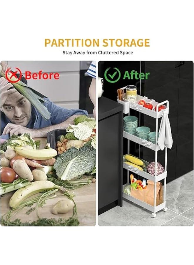 HOOKOR Rolling Storage Cart with Wheels,4 Tier Slim Rolling Storage Cart with 2 Hanging Cups, Mobile Shelving Unit，Bathroom Storage Organizer for Kitchen, Bedroom, Office,Laundry (White Narrow （4.9‘’）) - Image 5