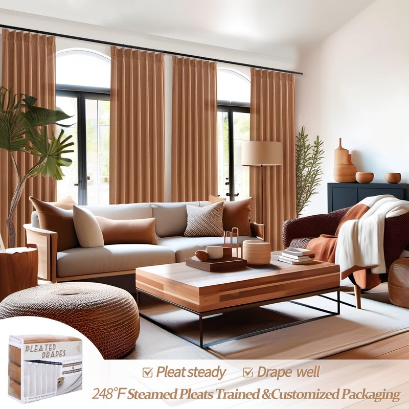 PleatedDrapes Terracotta/Burnt Orange Thick Linen Curtains 96 Inch Length 2 Panels Set for Living Room, Retro Country Boho Rust Pleat Memory Shape Curtains&Drapes Light Filtering Sheers Decor Curtains 8ft 2 Panels - Image 5