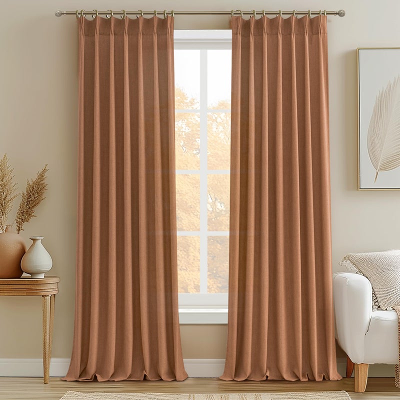PleatedDrapes Terracotta/Burnt Orange Thick Linen Curtains 96 Inch Length 2 Panels Set for Living Room, Retro Country Boho Rust Pleat Memory Shape Curtains&Drapes Light Filtering Sheers Decor Curtains 8ft 2 Panels - Image 1