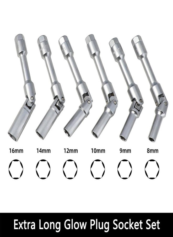 DPTOOL 6pcs 3/8" Drive Extra Long Glow Plug Socket Set, 180 Degree Universal Joint Swivel Spark Plug Socket Set, 6 Point Glow Plug Removal and Installation Tool 8mm 9mnm 10mm 12mm 14mm 16mm - Image 2
