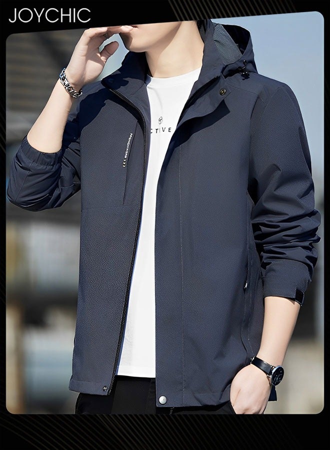 Joychic جاكيت رجالي بغطاء رأس بتصميم سادة لفصلي الخريف والربيع، سترة رياضية غير قابلة للرياح بسحاب مع قبعة، لون رمادي داكن خارجي - Image 1