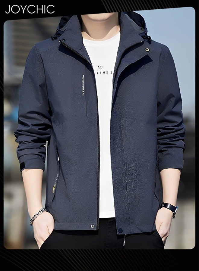 Joychic جاكيت رجالي بغطاء رأس بتصميم سادة لفصلي الخريف والربيع، سترة رياضية غير قابلة للرياح بسحاب مع قبعة، لون رمادي داكن خارجي - Image 2