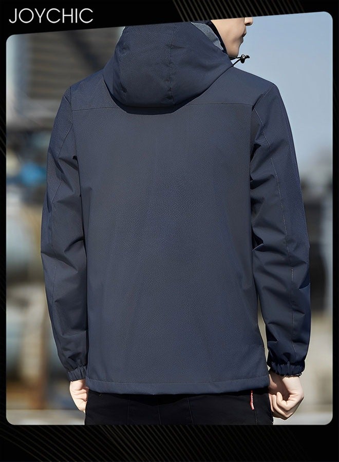Joychic جاكيت رجالي بغطاء رأس بتصميم سادة لفصلي الخريف والربيع، سترة رياضية غير قابلة للرياح بسحاب مع قبعة، لون رمادي داكن خارجي - Image 3
