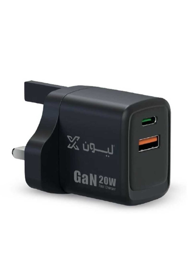Lionx Lion X 20W Fast Wall Charger with 2 Ports PD Port and USB Port Black