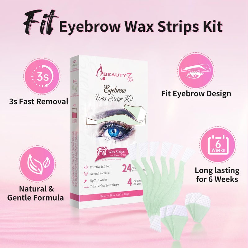 Beauty7 Facial Wax Strips Kit for Hair Removal - Eyebrow Wax Strips at Home - 24 Strip, 4 Calming Oil Wipes for Sensitive All Skin Types for Women - Image 4