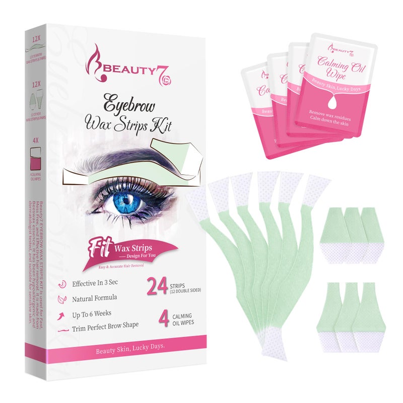 Beauty7 Facial Wax Strips Kit for Hair Removal - Eyebrow Wax Strips at Home - 24 Strip, 4 Calming Oil Wipes for Sensitive All Skin Types for Women - Image 1