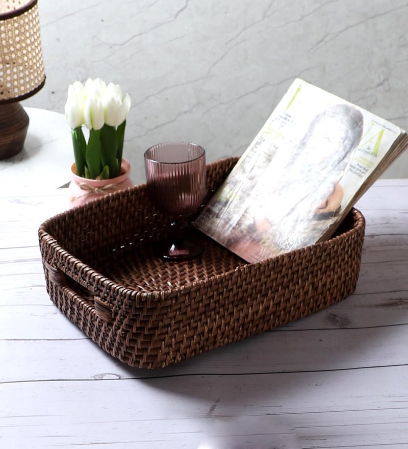 Akway AKWAY Handmade Wicker Basket for Cloth Storage Basket Bin Organizer for Toiletry Cosmetic Towels Toys Bathroom Organizer Bamboo Wicker Basket 14 L x 10 W x 4 H Brown  - Image 1