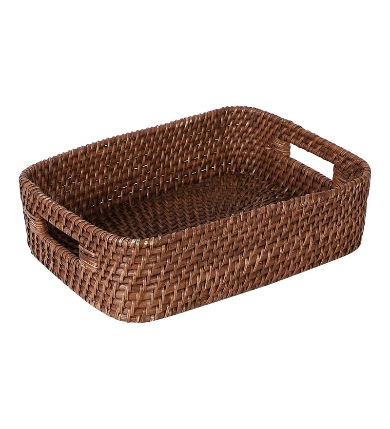 Akway AKWAY Handmade Wicker Basket for Cloth Storage Basket Bin Organizer for Toiletry Cosmetic Towels Toys Bathroom Organizer Bamboo Wicker Basket 14 L x 10 W x 4 H Brown  - Image 2