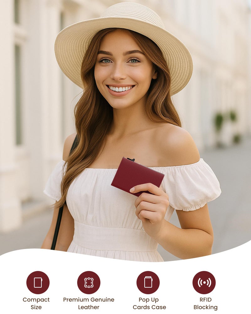 typecase Womens Wallet Card Holder: Pop Up Card Case, Genuine Leather, RFID Blocking, Slim, Minimalist, Thin, Small Size - 9-14 Card Capacity, ID Window, Cash Pocket (Merlot Red) - Image 2