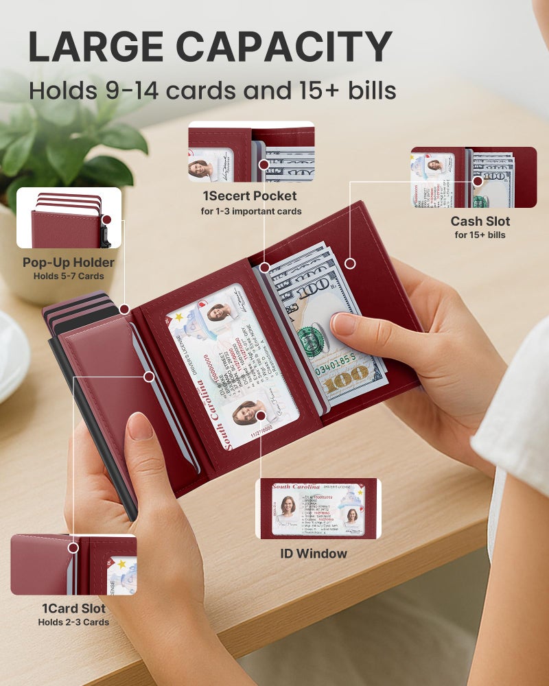 typecase Womens Wallet Card Holder: Pop Up Card Case, Genuine Leather, RFID Blocking, Slim, Minimalist, Thin, Small Size - 9-14 Card Capacity, ID Window, Cash Pocket (Merlot Red) - Image 3