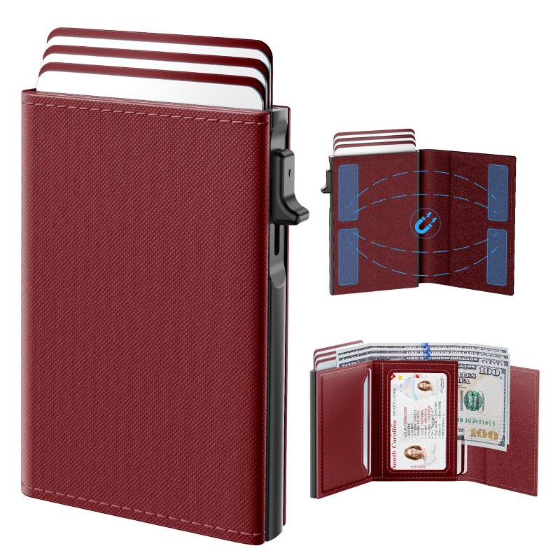 typecase Womens Wallet Card Holder: Pop Up Card Case, Genuine Leather, RFID Blocking, Slim, Minimalist, Thin, Small Size - 9-14 Card Capacity, ID Window, Cash Pocket (Merlot Red) - Image 1