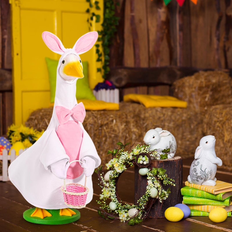 JcHrmers Easter Goose Outfit Bunny Porch Goose Outfit Lawn Porch Goose Clothes Fits 23" Cement Plastic Goose Statue for Easter Outdoor Garden Yard Patio Decoration (White) - Image 5