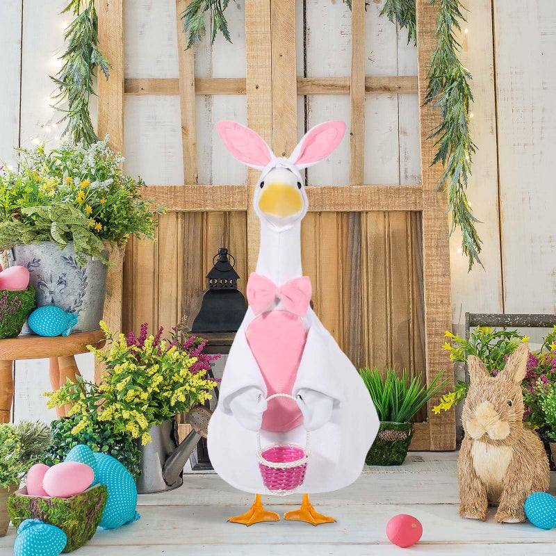 JcHrmers Easter Goose Outfit Bunny Porch Goose Outfit Lawn Porch Goose Clothes Fits 23" Cement Plastic Goose Statue for Easter Outdoor Garden Yard Patio Decoration (White) - Image 4