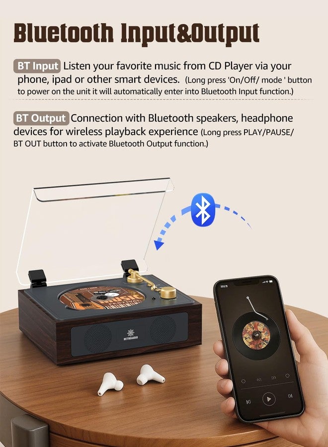 RetroAudio CD Player with Built-in Speakers Bluetooth Retro Portable CD Players for Home Music Player with Remote Control Headphone Jack Walnut Brown - Image 3