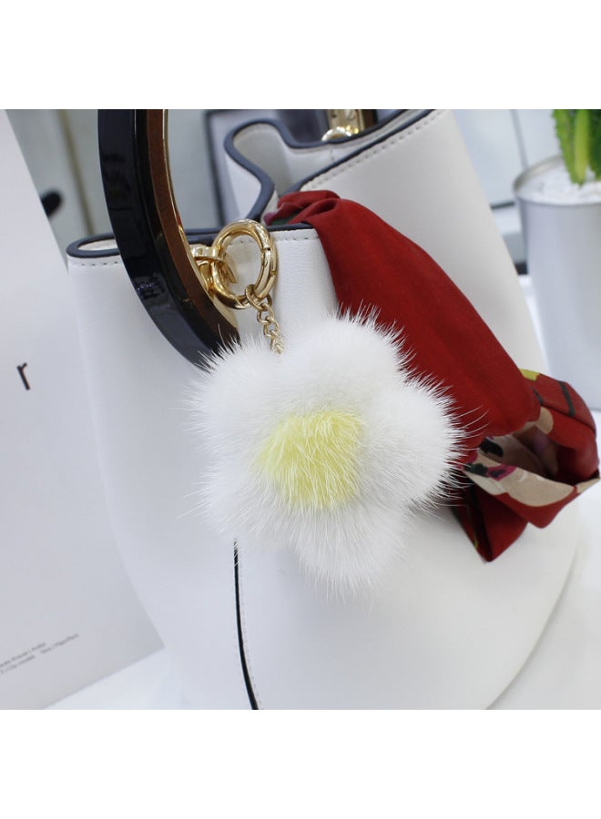 Korean Style Arrival Mink Fur Small Flower Pendant Sunflower Fur Bag Car Keys Fashion Pendant For Women-Color:White Yellow Heart  - Image 1