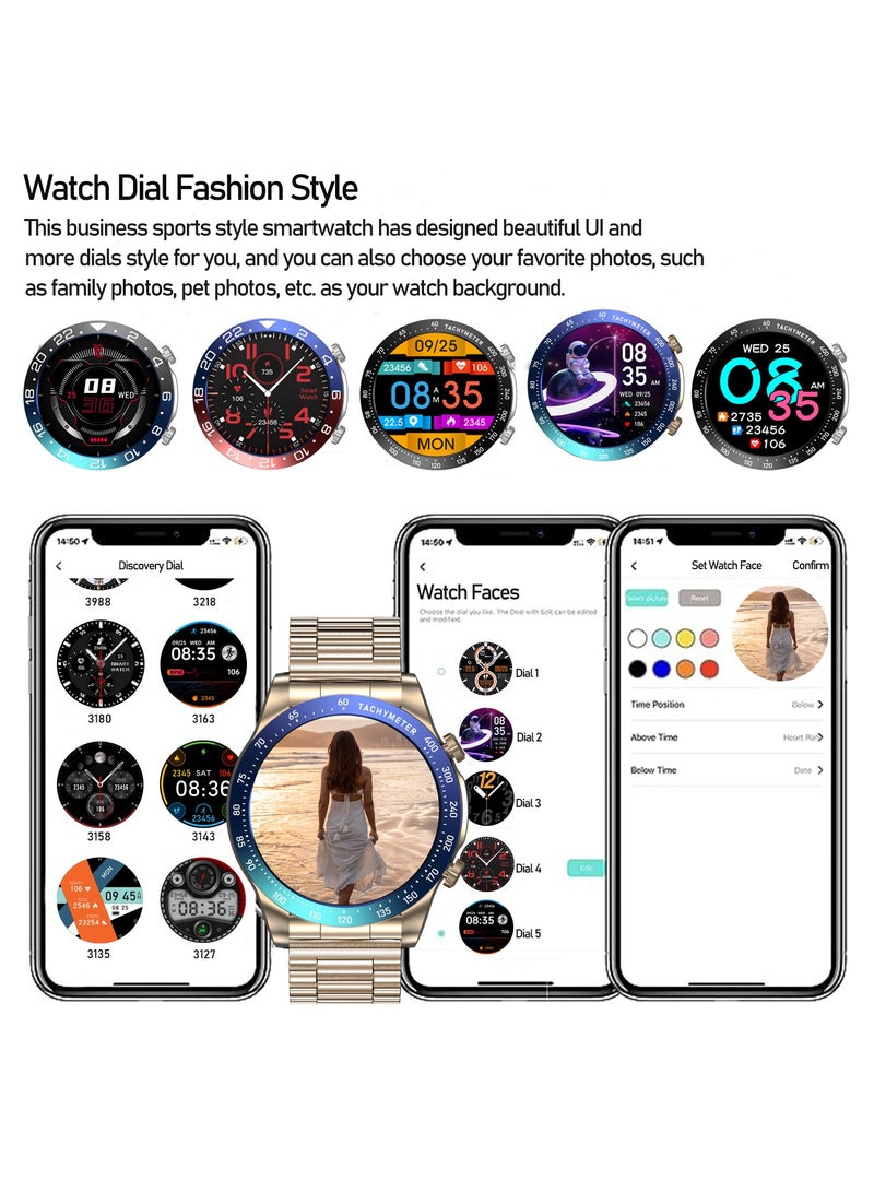 Fashion Men's Smart Watch Business Sports Fitness Tracker Heart Rate Blood Pressure Smartwatch Bluetooth Calls IP68 Waterproof 1.43" AMOLED Screen For Android IOS,Gold