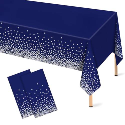 Mulbozy 2 Pcs Navy Blue Plastic Tablecloth Silver Dot Blue Table Cloths, 54×108 inches Disposable DarkBlue Table Cover for Anniversary Friendsgiving Fine Dining Graduation Party Decoration - Image 1